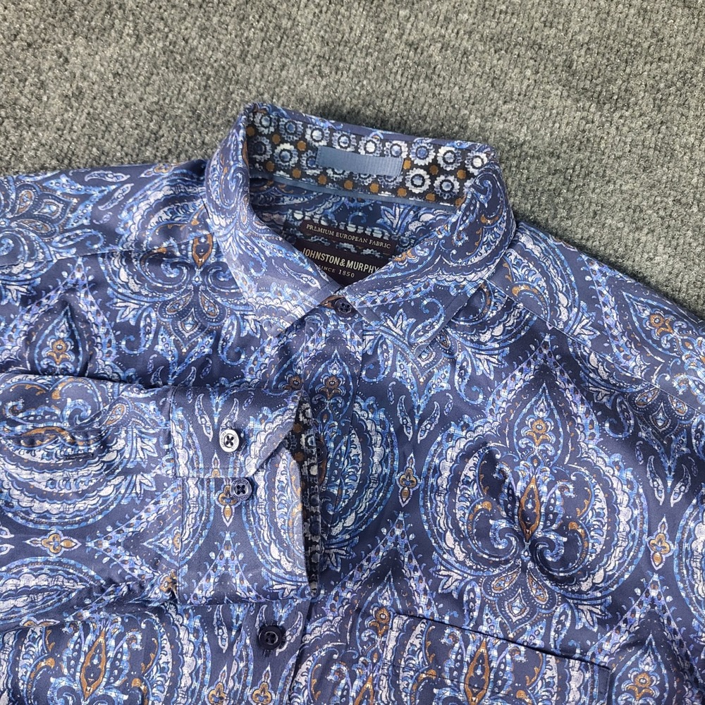 Johnston & Murphy Mens Large Blue Paisley Premium European Fabric Button Down